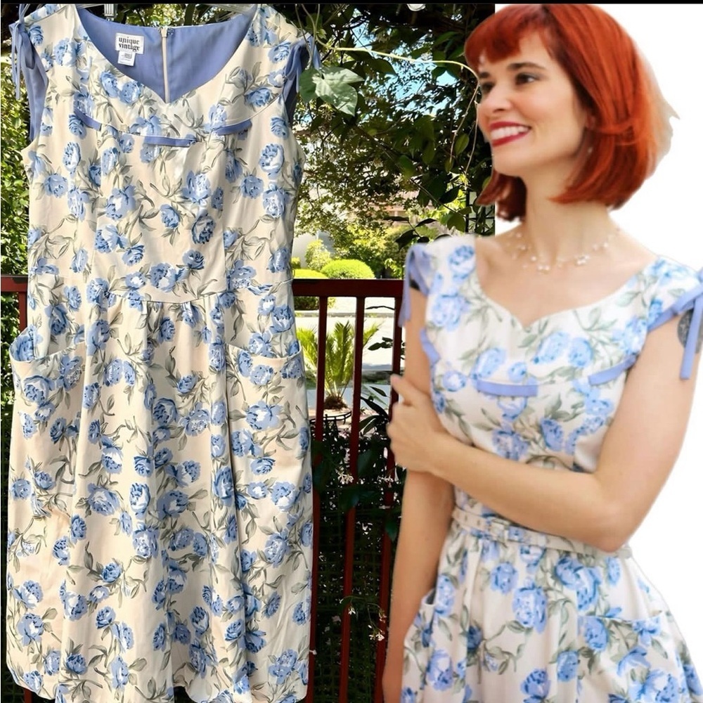 Unique Vintage Dress – 3XL – Ivory w/ Pale Blue Floral & Ribbon Detail – BNWOT